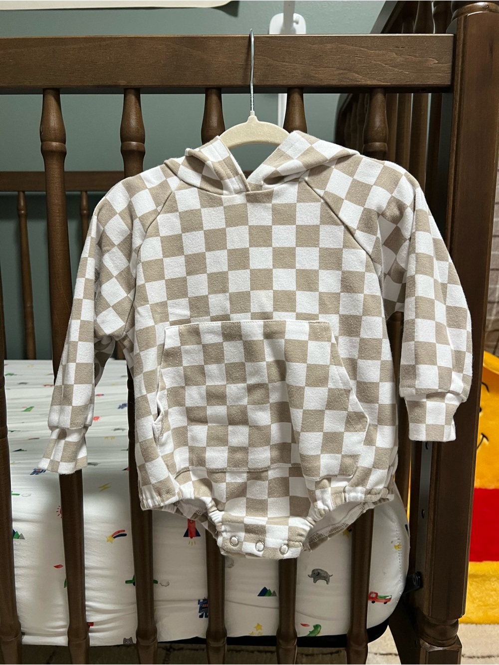 Beige and White Checkered Hooded Baby One-Piece Bodysuit